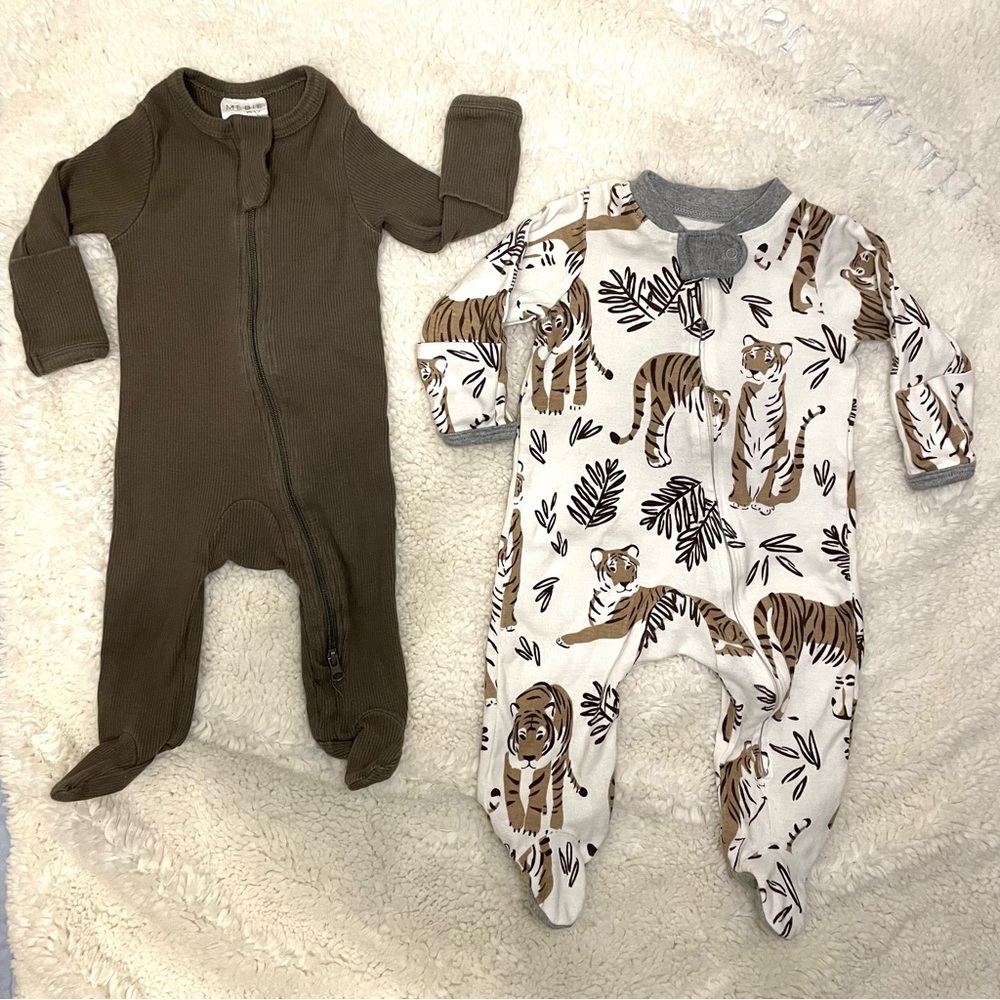Mebie Olive Organic Ribbed Zipper + Honest Baby Organic Tiger-Print Footie